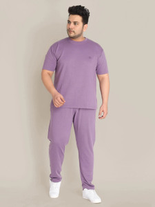 CHKOKKO Men Solid Purple Night Suit Set