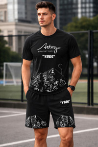 Yobdel Men Graphic Print Black Top & Shorts Set