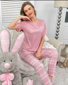 COZY NIGHTDRESS Women Printed Pink, White Top & Pyjama Set