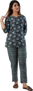 silvastra Women Printed Black Top & Pyjama Set
