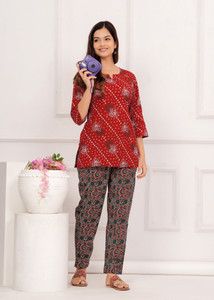 his&her Women Printed Maroon Top & Pyjama Set