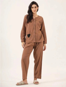 ABHIJEETGARMENT Women Solid, Printed Brown Top & Pyjama Set