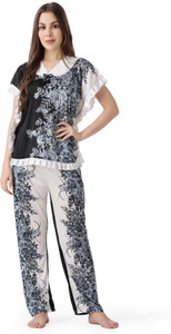 Cotovia Women Floral Print Black, White Top & Pyjama Set