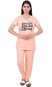 E-MAX Women Printed Orange Top & Pyjama Set