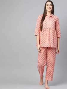 Yash Gallery Women Printed Pink Shirt & Pyjama set