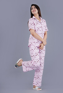 PRADHRUHE Women Printed Pink Shirt & Pyjama set