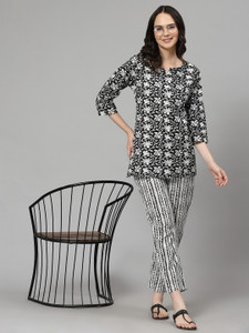 his&her Women Printed Black Top & Pyjama Set