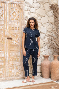 Sanskrutihomes Women Printed Dark Blue Top & Pyjama Set