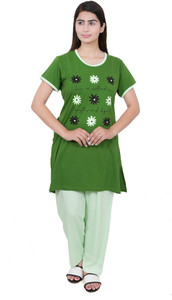 E-MAX Women Printed Green, Light Green Top & Pyjama Set