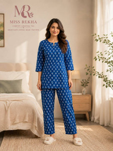 Miss Rekha Women Printed Blue, White Night Suit Set
