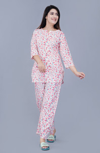 Miss Rekha Women Printed White, Pink Night Suit Set