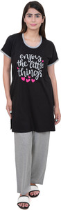 E-MAX Women Printed Black, Grey Top & Pyjama Set