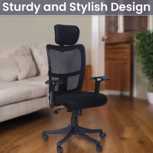 MAESTRO High Duty Elegant Black High Back Executive Office Boss Chair with Chrome Arms Fabric Office Arm Chair