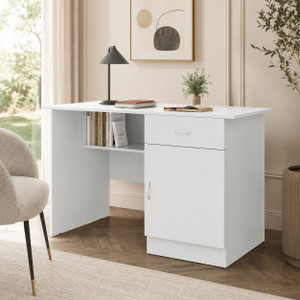 CREATIVE QUBE Matte Finish Free Standing Compact Modern Computer Desk with Drawer&Cabinet Engineered Wood Office Table