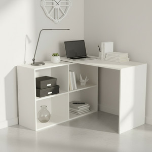 FURNEASER L Shape Computer Table with Bookshelf, Workstation, Foldable Study Table, Engineered Wood Office Table