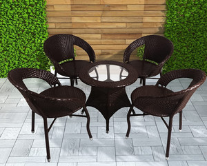 Jiomee Furniture Rattan Wicker 4-Seater Patio Coffee Chair & Table Set with Glass Top Metal Outdoor Chair