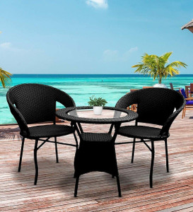 Jiomee Furniture Outdoor-Indoor Rattan Black Wicker 2 Seater Chair & Table Set Cane Outdoor Chair