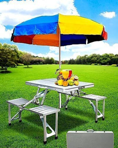 TAITHI SALES Portable Table Aluminum Alloy Frame, Plastic Tabletop with Handle Solid Wood Outdoor Table