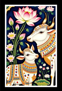 AARTKALA Kamdhenu Cow & Calf Pichwai Painting with Lotus Flowers Wall Art Panting Frame Canvas 12 inch x 18 inch Painting
