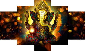 Masstone Lord Ganesha Art Print Religious 5 Panel Self Adhesive MDF Painting Digital Reprint 17 inch x 30 inch Painting