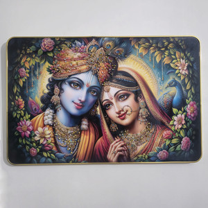Masstone Radha Krishna Crystal Embedded High Gloss Surface with Golden Slim Frame Embossed 12 inch x 18 inch Painting