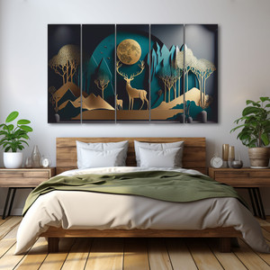 TheCastleDecor Golden deer nature Set of 5 Big Size Multiple Frames Wall Painting Natural Colors 48 inch x 28 inch Painting