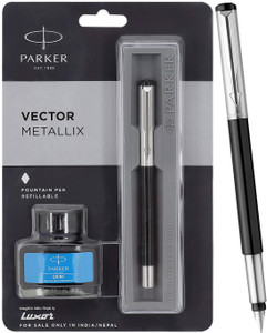 PARKER Vector Metallix Stainless Steel, Fine Nib With Quink Ink Bottle Fountain Pen