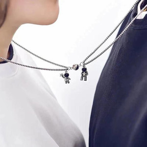 ringzinnie Stainless Steel Magnets Couples Matching Spaceman Pendant Necklace Magnetic Silver Stainless Steel Pendant Set