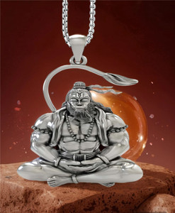 R Art Hanuman Ji With Gada Locket Pendant for Men and Women Silver Stainless Steel Pendant