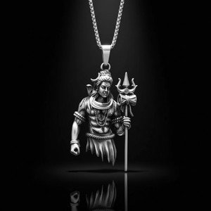 P. R. PRINTS Mahakal Shiva Pendant for Men | Silver Trishul & Damru Shiv Ji Necklace Stainless Steel Pendant