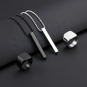 Saizen Silver & Black Minimal Bar Pendant Necklace and Ring Combo Set for Men Black Silver Stainless Steel Pendant Set