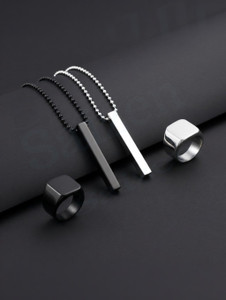 Saizen Silver & Black Minimal Bar Pendant Necklace and Ring Combo Set for Men Black Silver Stainless Steel Pendant Set