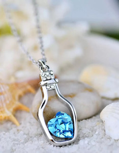 Syfer Crystal Blue Heart Bottle Pendant for Girls/Women Crystal Heart Bottle Necklace Silver Stainless Steel Pendant