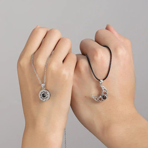STYLE KRAFT Sun&Moon Magnetic Couples Necklaces I Love You 100 Languages Projection Necklace Platinum, Silver Crystal Alloy, Crystal, Brass Pendant Set