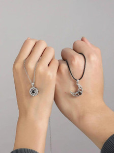 STYLE KRAFT Sun&Moon Magnetic Couples Necklaces I Love You 100 Languages Projection Necklace Platinum, Silver Crystal Alloy, Crystal, Brass Pendant Set