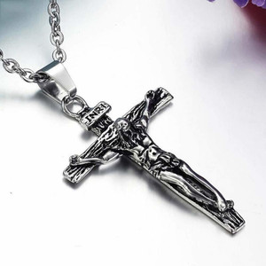 Owichi Oxidized Silver Jesus Cross Pendant Necklace for Men Sterling Silver Alloy Pendant Set