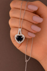 DIVINOOR Heart Shape Black American Diamond Pendant with Silver Chain Silver Cubic Zirconia Stone Pendant