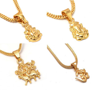 PYR Fashion 4 Pendant with 1 Chain Ganesh Ji, Durga Mata, Om, Ganpati Maharaj for Girls Gold-plated Brass Pendant Set