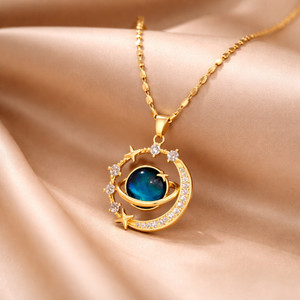 Karishma Kreations Moon & Star Zircon Pendant Necklace| Gold Plated | Minimal Daily Wear Jewelry Gold-plated Moonstone Stainless Steel Pendant