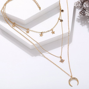 TheVineGirl Three Layered Moon Studded Star Necklace For Women & Girls Gold-plated Plated Alloy Necklace