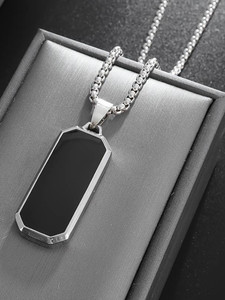 ROOTWAVE Trendy Black Silver Mens Geometric Rectangle Necklaces Gift Jewellery Silver Stainless Steel Pendant