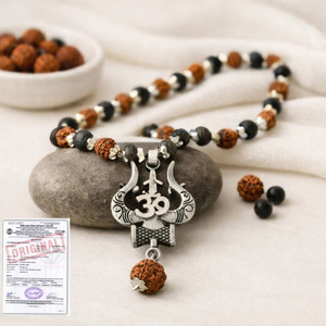 VIBESLE Karungali Rudraksha Malai with in Silver - Cap Om Shiva Trishul Pendant Beads Wood