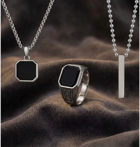 Growola Men Pendant | Pendant For Boys | Women Locket | Silver Onyx Stainless Steel Locket Set