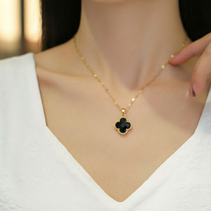 CARIA JEWELLERY COLLECTION Black Copper Inlaid & Crystal Clover Pendant Necklace Chain for Women & Girls Crystal Stainless Steel Pendant