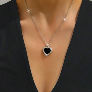 Zarkan Hallmarked Silver Black Heart Pendant With Link Chain Rhodium Silver Pendant Set