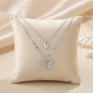 CARIA Silver Shiny Butterfly Double Layer Charming Pendant Necklace For Women Stainless Steel Pendant