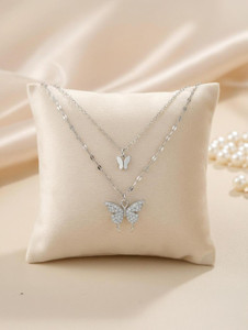 CARIA Silver Shiny Butterfly Double Layer Charming Pendant Necklace For Women Silver Stainless Steel Pendant