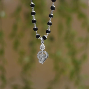 Sanwariya Handicraft Natural Black Ebony Wood Beads with Silver Platted Tamil OM Locket Wood, Silver Pendant