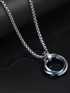 Alvira 3 Circle Blue Ring Pendant with 24inch Stainless Steel Box Chain Rhodium, Silver Stainless Steel Locket