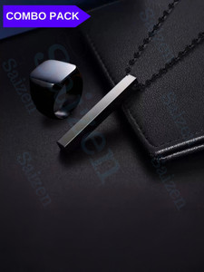 Saizen Black Combo – Vertical Bar Pendant Chain & Square Signet Ring for Men and Boys Black Silver Stainless Steel, Metal Pendant